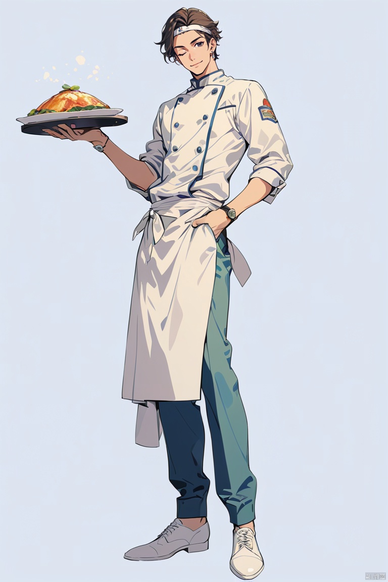  (best quality), ((masterpiece)), (highres), illustration, original, extremely detailed,jjj, 1boy, solo, one eye closed, male focus, white footwear, watch, wristwatch, full body, white background, jewelry, smile, standing, food, pants, apron, chef, simple background, holding, shoes, hand in pocket, looking at viewer, plate, headband, holding plate, bracelet, closed mouth, earrings, hand up, brown hair, black eyes, white headband, Illustration