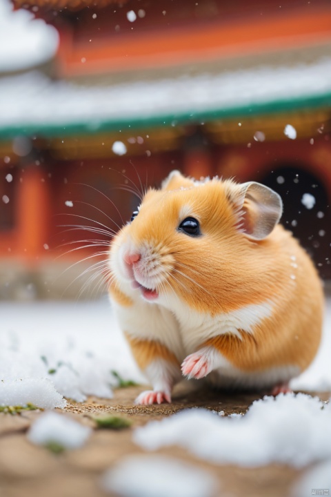  orange Hamster, walking,snow,(snowing:1.2),traditional Chinese architecture,bokeh background,sunlight,winter,focused,outdoor,(close-up:1.3),portrait painting,cold weather,movement, portrait,vibrant color,clarity,shallow depth of field,falling snowflakes,daytime, fluent, sky,blue sky and white clouds,War
