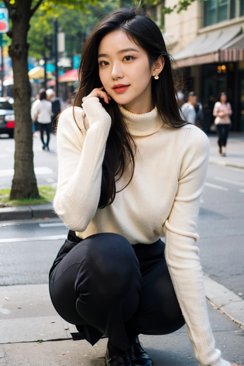  1girl, smiling,Realistic movie lighting,white turtleneck sweater((,(skindentation),(skin tight))),ultradetailed,8K,detailed face,photorealistic,1girl,long hair,,solo, , ,fullbody,complex background, look at the viewer, detailedbackground,sweating details,realistic, fullbody,long legs,real,Lacrimal nevus,realism, Delicate glowing skin,masterpiece,bestquality,distant view,depth of field,dynamic perspective,Perfectly proportioned figure,Detailed skin description, black pantyhose,street,daytime,good weather, Disneyland in the background,JOJO pose,tall