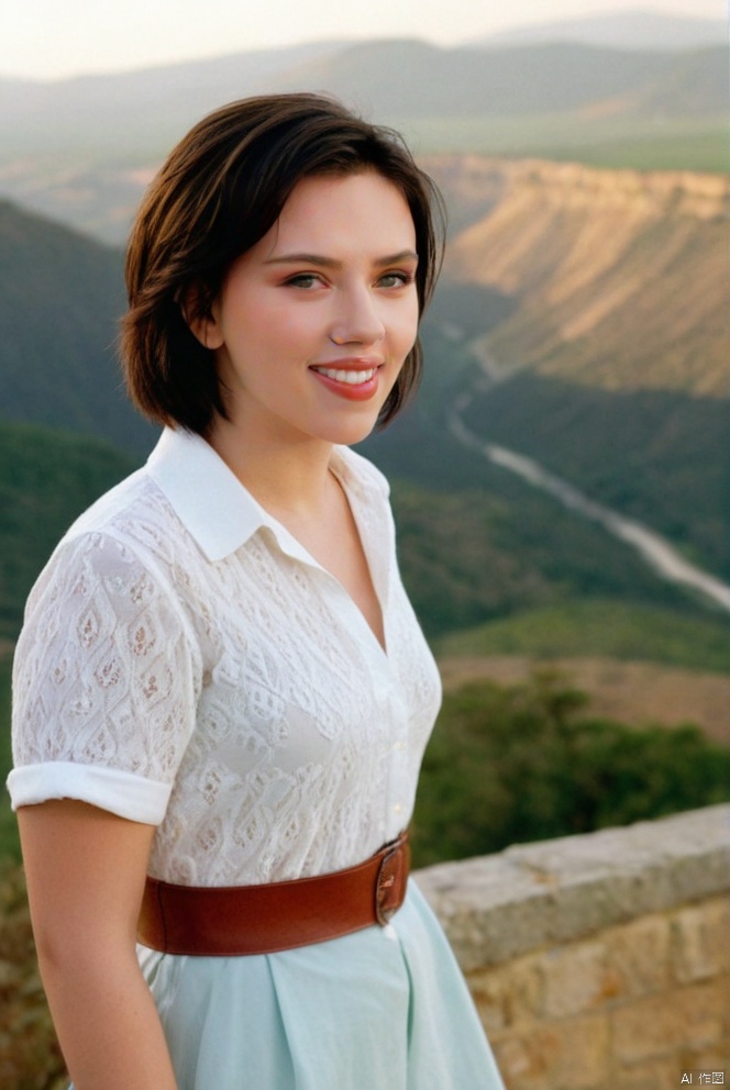  beautiful girl standing with beautiful vally in background, age 20, black short hair, waist shot, dynamic pose, smiling, dressed in fashion outfit, beautiful eyes, sweet makeup, 35mm lens, beautiful lighting, photorealistic, soft focus, kodak portra 800, 8k, Scarlett Johansson