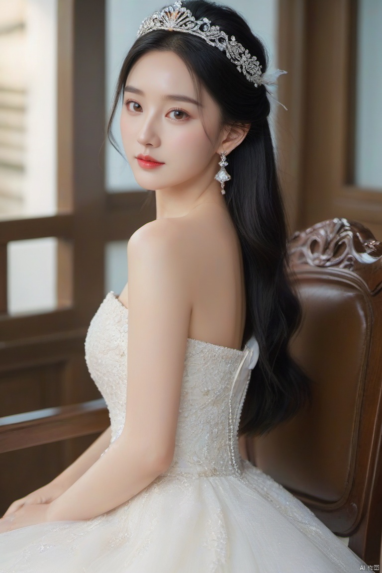 风格;masterpiece,bestquality,8k,4k,Filmtexture,
人物;1girl,solo,blackhair,long_hair,brown_eyes,lips,collarbone,breasts,bareshoulders,
服饰;dress, jewelry,earrings,whitedress,strapless,tiara,straplessdress,weddingdress,
动作;sitting,
场景; dusky,indoors, chair,,