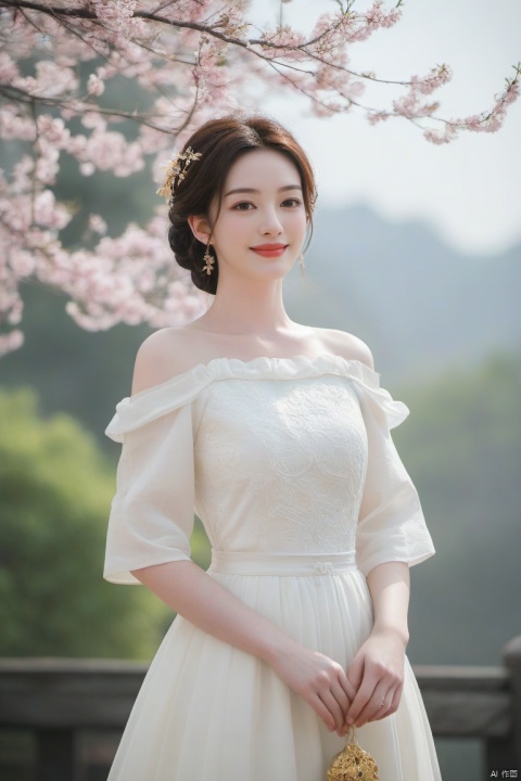  best quality, masterpiece,cowboy_shot,(Good structure),,a girl,xianjing,Off-the-shoulder, bust photo,upper body,Hanfu, Cloud, Smoke,branch,flower, smile,Gaze at the audience, Ink scattering_Chinese style, ((poakl)), ,looking_at_viewer,kind smile, , chinese dress,white dress, liuyifei,long_hair, Anne Hathaway,Christina Hendricks
