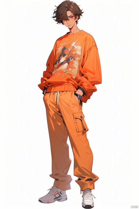  (best quality), ((masterpiece)), (highres), illustration, original, extremely detailed,jjj, 1boy, male focus, solo, brown hair, shirt, red eyes, white background, white footwear, full body, simple background, orange shirt, pants, shoes, hands in pockets, orange pants, dark skin, looking at viewer, jacket, hand in pocket, wristwatch, print shirt, dark-skinned male, patterned clothing, short hair, standing