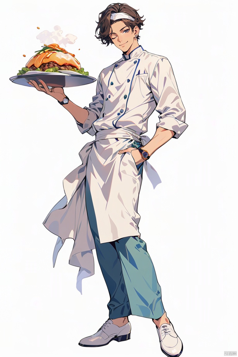  (best quality), ((masterpiece)), (highres), illustration, original, extremely detailed,jjj, 1boy, solo, one eye closed, male focus, white footwear, watch, wristwatch, full body, white background, jewelry, smile, standing, food, pants, apron, chef, simple background, holding, shoes, hand in pocket, looking at viewer, plate, headband, holding plate, bracelet, closed mouth, earrings, hand up, brown hair, black eyes, white headband, Illustration