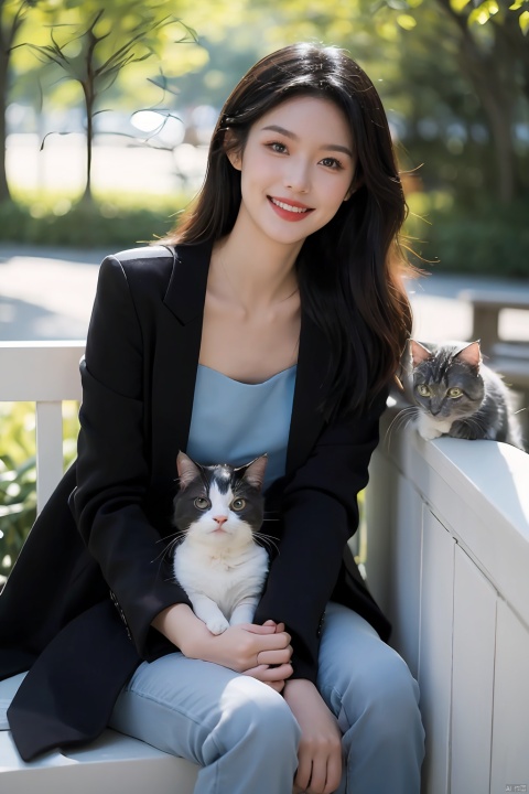  The image features a beautiful young Asian woman with long, dark hair sitting on a balcony with a cat in the background. The woman is looking into the camera with a smile on her face, her eyes sparkling with joy and contentment. Her hair is neatly styled and her makeup is natural yet enhance her features. She wears a black coat that complements her skin tone. The lighting in the image is natural and warm, casting a soft glow on the woman and the surrounding environment. The colors in the image are vibrant and rich, with the blue sky and green trees in the background providing a beautiful contrast to the woman and the cat. The style of the image is casual yet elegant, with the woman's outfit and the setting creating a relaxed and comfortable atmosphere. The quality of the image is excellent, with sharp details and smooth transitions between colors and tones. The woman's action in the image is sitting and smiling, with her hands resting on the railing. Her posture and facial expression convey a sense of happiness and contentment, as if she is enjoying a peaceful and pleasant moment. The woman's expression and the overall atmosphere of the image suggest a sense of relaxation and enjoyment. She seems to be in a good mood, perhaps enjoying a leisurely day or spending time with her cat. The image captures a moment of tranquility and happiness, making it a beautiful and memorable scene.,Film Photography