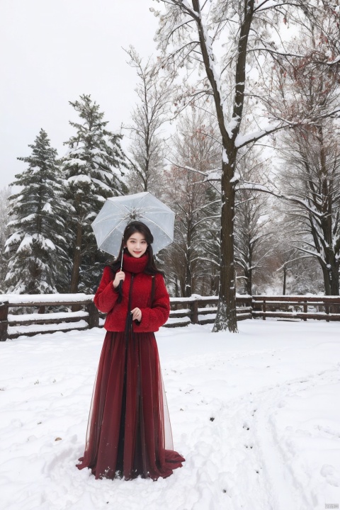  A beautiful woman in a red dress, in the snowy outdoors, her hair covered with snow, holding an umbrella in her hand, with a smile on her face. The surrounding trees and ground are covered with thick snow, the distant sky is light blue, with a few white clouds floating. High quality photo of a beautiful woman in a red dress in the snow, full body shot, smiling, snowflakes in the air, winter wonderland, romantic atmosphere, trending on Reddit, trending on DeviantArt, Intricate, High Detail, Sharp focus, dramatic, photorealistic painting art by Greg Rutkowski and Midjourney., , HUBG_Beauty_Girl, HUBG_Rococo_Style(loanword), HUBG_Peach_Fuzz