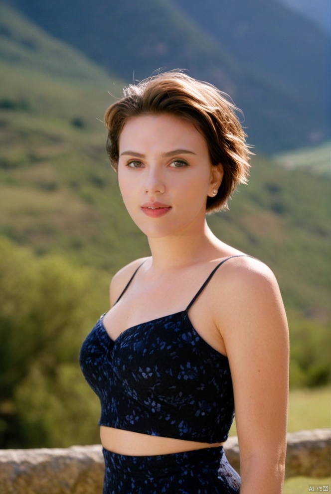  beautiful girl standing with beautiful vally in background, age 20, black short hair, waist shot, dynamic pose, smiling, dressed in fashion outfit, beautiful eyes, sweet makeup, 35mm lens, beautiful lighting, photorealistic, soft focus, kodak portra 800, 8k, Scarlett Johansson