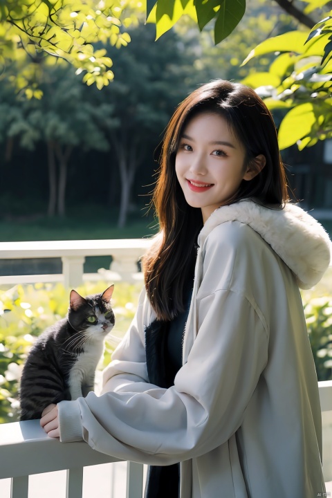  The image features a beautiful young Asian woman with long, dark hair sitting on a balcony with a cat in the background. The woman is looking into the camera with a smile on her face, her eyes sparkling with joy and contentment. Her hair is neatly styled and her makeup is natural yet enhance her features. She wears a black coat that complements her skin tone. The lighting in the image is natural and warm, casting a soft glow on the woman and the surrounding environment. The colors in the image are vibrant and rich, with the blue sky and green trees in the background providing a beautiful contrast to the woman and the cat. The style of the image is casual yet elegant, with the woman's outfit and the setting creating a relaxed and comfortable atmosphere. The quality of the image is excellent, with sharp details and smooth transitions between colors and tones. The woman's action in the image is sitting and smiling, with her hands resting on the railing. Her posture and facial expression convey a sense of happiness and contentment, as if she is enjoying a peaceful and pleasant moment. The woman's expression and the overall atmosphere of the image suggest a sense of relaxation and enjoyment. She seems to be in a good mood, perhaps enjoying a leisurely day or spending time with her cat. The image captures a moment of tranquility and happiness, making it a beautiful and memorable scene.,Film Photography