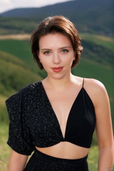  beautiful girl standing with beautiful vally in background, age 20, black short hair, waist shot, dynamic pose, smiling, dressed in fashion outfit, beautiful eyes, sweet makeup, 35mm lens, beautiful lighting, photorealistic, soft focus, kodak portra 800, 8k, Scarlett Johansson