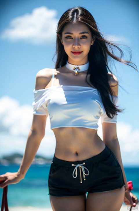  cowboy shot, Blue sky, white clouds, ocean,nai3, 1girl, shorts, solo, crop top, black shorts, choker, navel, shirt, midriff, crop top overhang, looking at viewer, white shirt, jewelry, breasts, bare shoulders, short shorts, off-shoulder shirt, off shoulder, black choker, thighs, stomach, hand on own thigh, long hair, bracelet, short sleeves, ribbon, hand up, collarbone, hair ribbon, medium breasts, standing, high-waist shorts, dolphin shorts, bra strap, , hair ornament, thigh gap, necklace, expressionless, , ,kind smile, , , , kelala