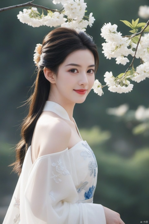  best quality, masterpiece,cowboy_shot,(Good structure),,a girl,xianjing,Off-the-shoulder, bust photo,upper body,Hanfu, Cloud, Smoke,branch,flower, smile,Gaze at the audience, Ink scattering_Chinese style, ((poakl)), ,looking_at_viewer,kind smile, , chinese dress,white dress, liuyifei,long_hair, Anne Hathaway