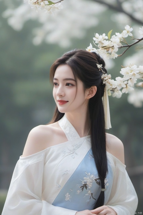  best quality, masterpiece,cowboy_shot,(Good structure),,a girl,xianjing,Off-the-shoulder, bust photo,upper body,Hanfu, Cloud, Smoke,branch,flower, smile,Gaze at the audience, Ink scattering_Chinese style, ((poakl)), ,looking_at_viewer,kind smile, , chinese dress,white dress, liuyifei,long_hair, Anne Hathaway