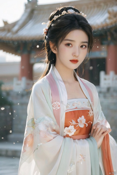  arien_hanfu,1girl,(Masterpiece:1.2), best quality, arien_hanfu,1girl, (falling_snow:1.3), looking_at_viewer,(big breasts:1.88), (plump breasts:1.7),(Tube top Hanfu:1.2),hand101,full body, 1girl
In this masterpiece artwork of the highest quality (Masterpiece version 1.2), an Arien woman dressed in a modernized hanfu style featuring a tube top design (Tube top Hanfu: 1.2) is depicted (arien_hanfu, 1girl). Against a backdrop of falling snowflakes (falling_snow: 1.3), she gazes directly at the viewer (looking_at_viewer), creating a distinct and profound sense of engagement.

The female figure in the painting possesses generously proportioned attributes, characterized by larger-than-average breasts (big breasts: 1.88) and plumpness (plump breasts: 1.7), which harmoniously complement her form-fitting upper garment in traditional Chinese attire.

The composition presents a full-body portrait (full body), with intricate attention given to the detail of the woman's hands identified as hand101, adding a layer of lifelike authenticity and artistic expression to the scene.

Overall, this work skillfully captures and portrays a voluptuous woman in a contemporary-styled hanfu within a snowy setting, successfully merging classical elements with modern fashion sensibilities, and offering high artistic appreciation value., yaya