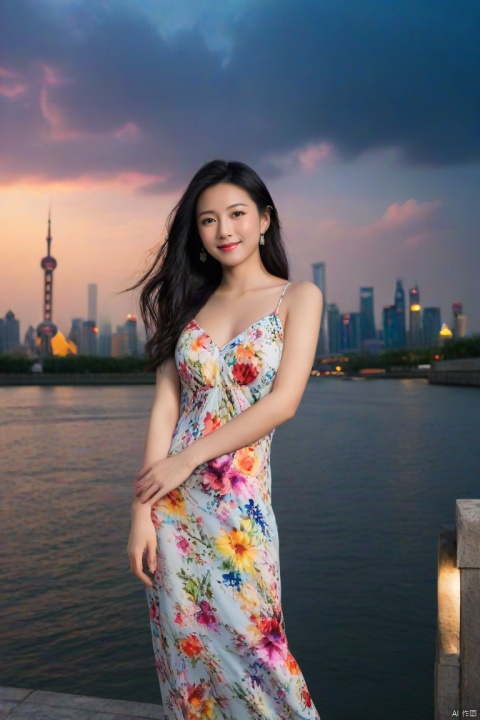  realistic,photorealistic,masterpiece,best quality,dark shot,(photo of portrait:1.2),cowbody shot,1girl,solo,smile,looking at viewer,long black hair,([:see-through:4]:1.2) (colorful:1.2) cns_dress,(floral print:1.2),standing by a river,dynamic pose,(shanghai:1.2),water,colorful cloud,incredible beautiful sky,netural lighting,dynamic Angle,neon,moon,bokeh,Chiaroscuro,