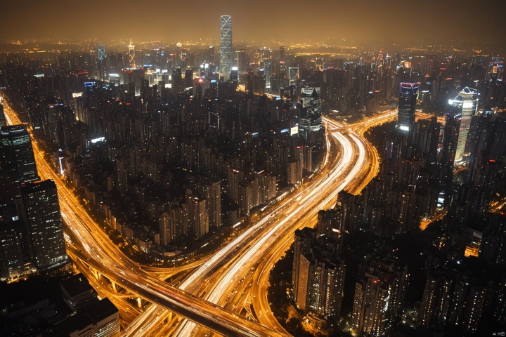  A bustling night view of Beijing city, illuminated skyscrapers, a road with heavy traffic, the distant skyline lit up by lights, the hustle and bustle of the city seems to stop at this moment, high-definition picture, high-quality picture.
