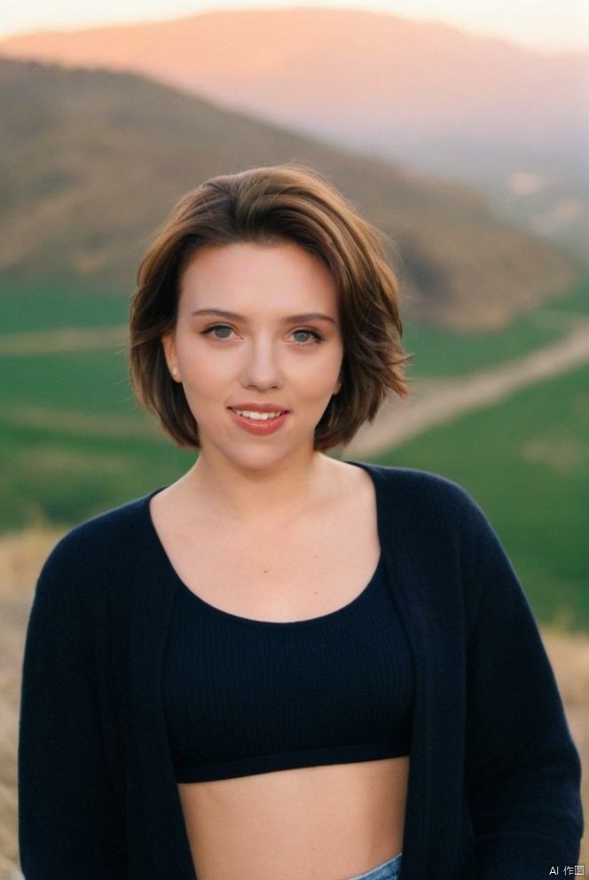  beautiful girl standing with beautiful vally in background, age 20, black short hair, waist shot, dynamic pose, smiling, dressed in fashion outfit, beautiful eyes, sweet makeup, 35mm lens, beautiful lighting, photorealistic, soft focus, kodak portra 800, 8k, Scarlett Johansson