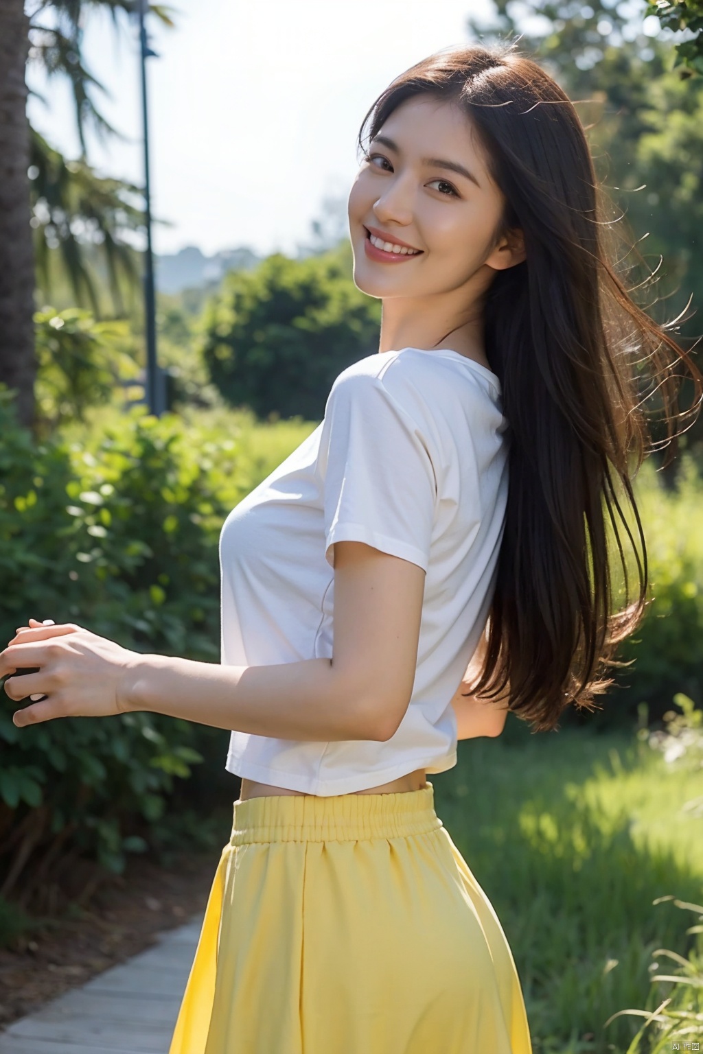 High resolution, (Official art, Beautiful and aesthetic: 1.2), Close View, Vast world, girl, Running, Refreshing smile, Transparent Long Skirt, Distant horizon, forest, natural beauty, inspiration, light effect、Camera takes pictures up close,tight T-shirt,can only see the arm