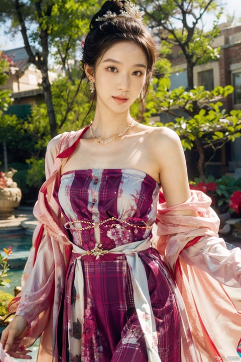  (masterpiece, best quality), natural soft light, (1girl), brown eyes, standing cloud, strapless pink dress, wide-angle lens, lens flare, ultra high definition, high resolution, very detailed, best quality, clear theme, ultra-realistic and ultra-detail,(ribs:1.29),look at viewer, smile,DUNHUANG_CLOTHS, trees and flower, 1girl
