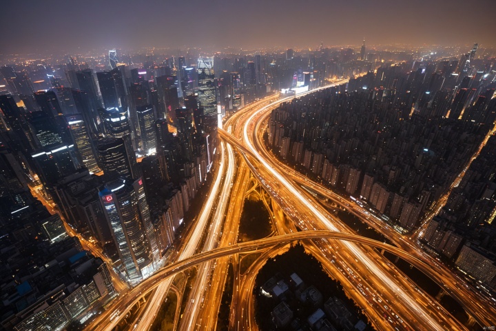  A bustling night view of Beijing city, illuminated skyscrapers, a road with heavy traffic, the distant skyline lit up by lights, the hustle and bustle of the city seems to stop at this moment, high-definition picture, high-quality picture.