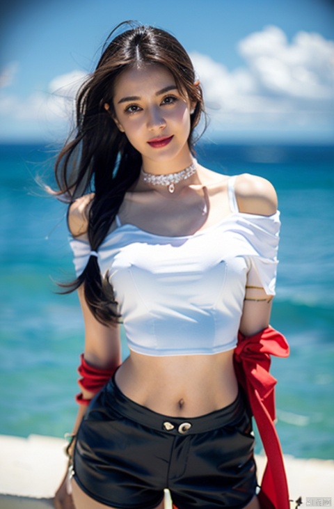  cowboy shot, Blue sky, white clouds, ocean,nai3, 1girl, shorts, solo, crop top, black shorts, choker, navel, shirt, midriff, crop top overhang, looking at viewer, white shirt, jewelry, breasts, bare shoulders, short shorts, off-shoulder shirt, off shoulder, black choker, thighs, stomach, hand on own thigh, long hair, bracelet, short sleeves, ribbon, hand up, collarbone, hair ribbon, medium breasts, standing, high-waist shorts, dolphin shorts, bra strap, , hair ornament, thigh gap, necklace, expressionless, , ,kind smile, , , , kelala