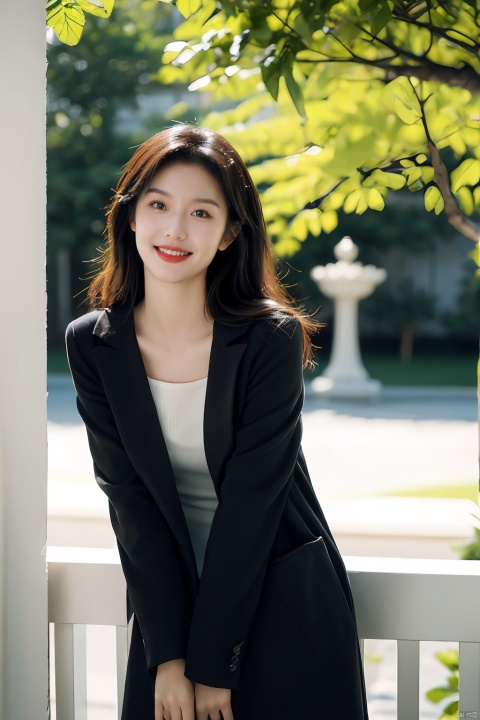  The image features a beautiful young Asian woman with long, dark hair sitting on a balcony with a cat in the background. The woman is looking into the camera with a smile on her face, her eyes sparkling with joy and contentment. Her hair is neatly styled and her makeup is natural yet enhance her features. She wears a black coat that complements her skin tone. The lighting in the image is natural and warm, casting a soft glow on the woman and the surrounding environment. The colors in the image are vibrant and rich, with the blue sky and green trees in the background providing a beautiful contrast to the woman and the cat. The style of the image is casual yet elegant, with the woman's outfit and the setting creating a relaxed and comfortable atmosphere. The quality of the image is excellent, with sharp details and smooth transitions between colors and tones. The woman's action in the image is sitting and smiling, with her hands resting on the railing. Her posture and facial expression convey a sense of happiness and contentment, as if she is enjoying a peaceful and pleasant moment. The woman's expression and the overall atmosphere of the image suggest a sense of relaxation and enjoyment. She seems to be in a good mood, perhaps enjoying a leisurely day or spending time with her cat. The image captures a moment of tranquility and happiness, making it a beautiful and memorable scene.,Film Photography