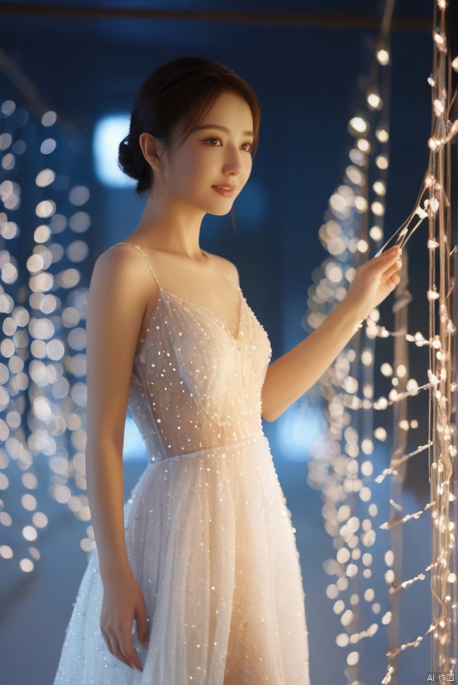  model girl's gown made from hundreds of lights, in the style of daz3d, uhd image, feminine portraiture, luminous and dreamlike scenes, low speed film, life-like avian illustrations, light white,Chinese beauty