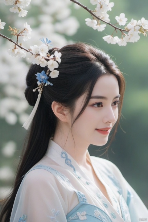  best quality, masterpiece,cowboy_shot,(Good structure),,a girl,xianjing,Off-the-shoulder, bust photo,upper body,Hanfu, Cloud, Smoke,branch,flower, smile,Gaze at the audience, Ink scattering_Chinese style, ((poakl)), ,looking_at_viewer,kind smile, , chinese dress,white dress, liuyifei,long_hair, Anne Hathaway