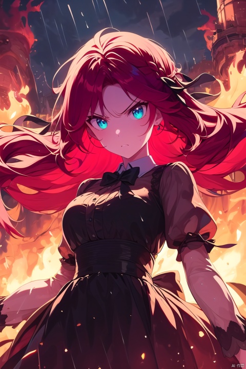  (((masterpiece))),best quality, illustration,(beautiful detailed girl),beautiful detailed glow,((flames of war)),(((nuclear explosion behide))),rain,detailed lighting,detailed water,(beautiful detailed eyes),expressionless,palace,azure hair,disheveled hair,long bangs,hairs between eyes,(whitegrey dress),black ribbon,white bowties,midriff,big forhead,blank stare,flower,long sleeves,angry
