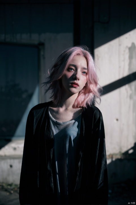 depressed, portrait of 1girl by Bill Henson, depressed, ruins, shadows, dramatic lighting, sunset, contemporary, dark, expressionism, dystopia, industrial,Half bodysliver gradient Short hair,(sliver hair:1.1),(light blue hair:1.1),(pink hair:1.2)