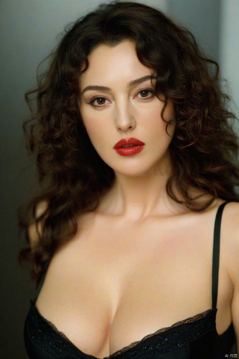  1girl, breasts, looking at viewer, brown hair, dress, cleavage, medium breasts, solo focus, blurry, black dress, lips, makeup, blurry background, lipstick, curly hair, realistic, red lips, Monica Bellucci