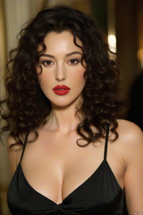  1girl, breasts, looking at viewer, brown hair, dress, cleavage, medium breasts, solo focus, blurry, black dress, lips, makeup, blurry background, lipstick, curly hair, realistic, red lips, Monica Bellucci