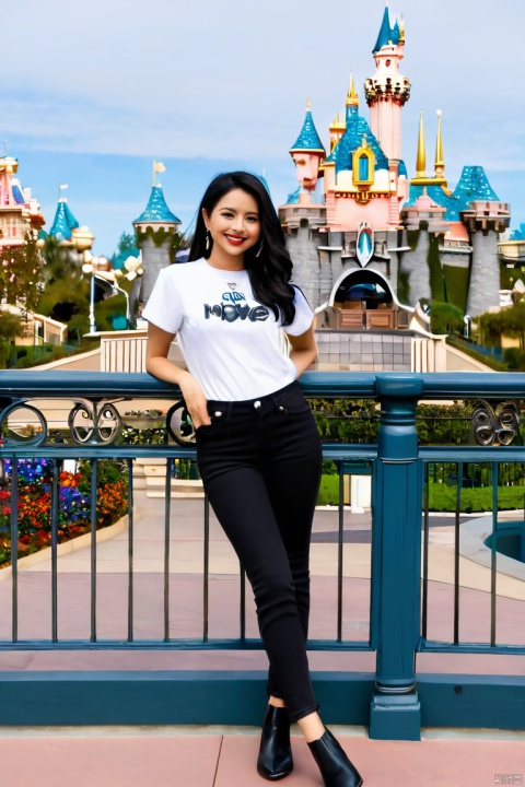 solo,fullbody,look at the viewer,  black jeans,street,daytime,good weather,Disneyland Park in the background, ,yaya