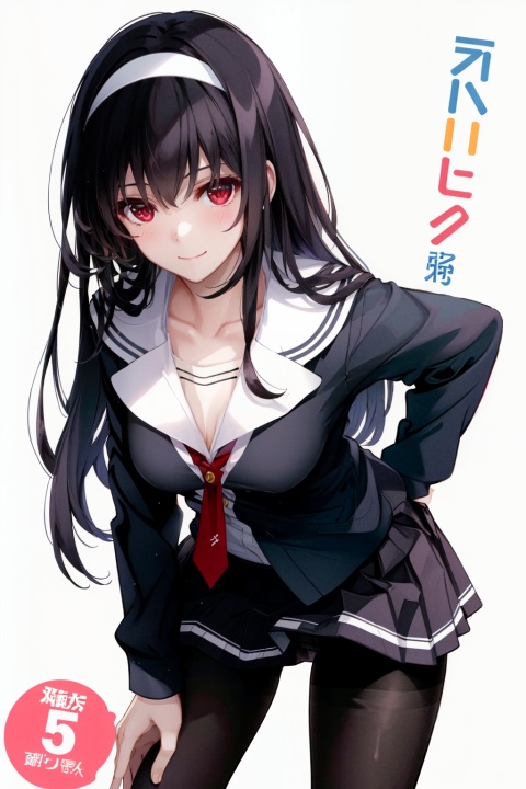  kasumigaoka utaha, 1girl, pantyhose, solo, black hair, school uniform, long hair, cover, hairband, skirt, black pantyhose, red eyes, thighband pantyhose, cover page, looking at viewer, underwear, panties, smile, artist name, breasts, panties under pantyhose, novel cover, clothes lift, serafuku, skirt lift, leaning forward, blush, pleated skirt, copyright name