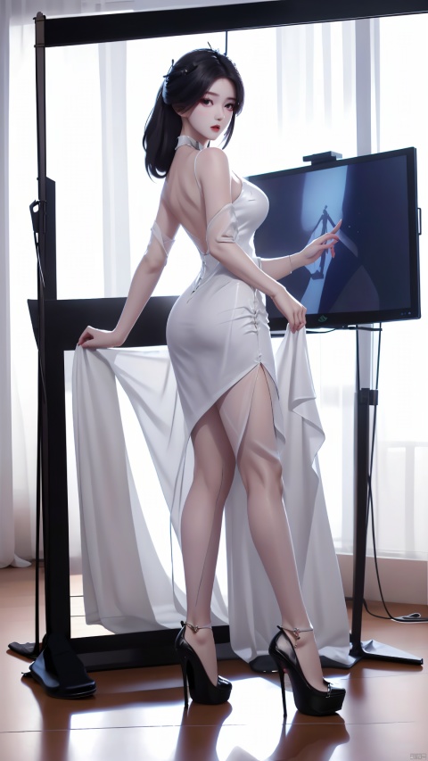 1girl,White dress,high heels,Looking at the screen

