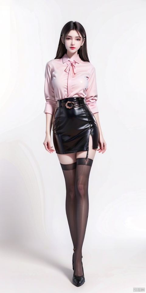 Best quality, masterpiece, 8k, 1 girl, sitting, 7-person lens, business shirt, waist, belt, black leather skirt with hips, (stockings), pantyhose, (big breasts), (pink background).
