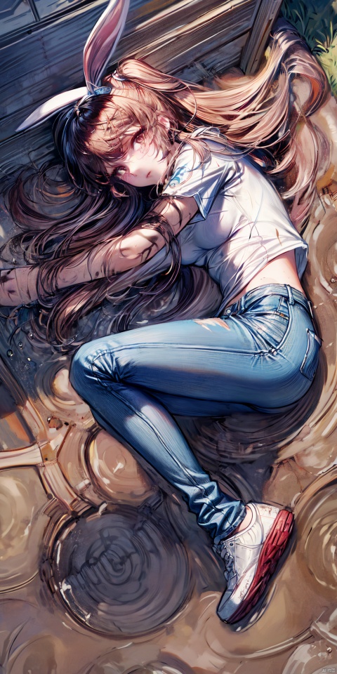  Rabbit ears, crystal, a girl, solo, long hair, brown hair, hair accessories, T-shirt, short jeans, whole body, sports shoes, lying in the mud on rainy days, (mud: 1.5), hand details, (taken from above: 1.2)