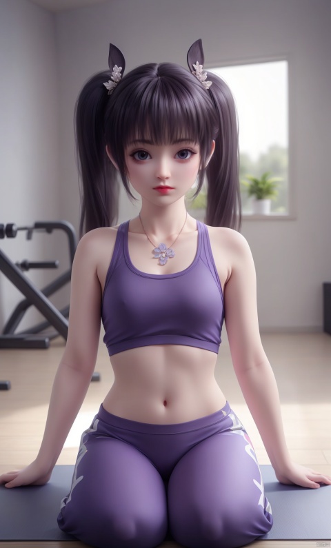  1 girl, solo, whole body, (purple hair: 1.2), (petite loli: 1.5), purple bangs, purple pupils, (double ponytails), sleeveless T-shirt, yoga pants, yoga studio, gym, clean, (whole body: 1.2), shot from below.