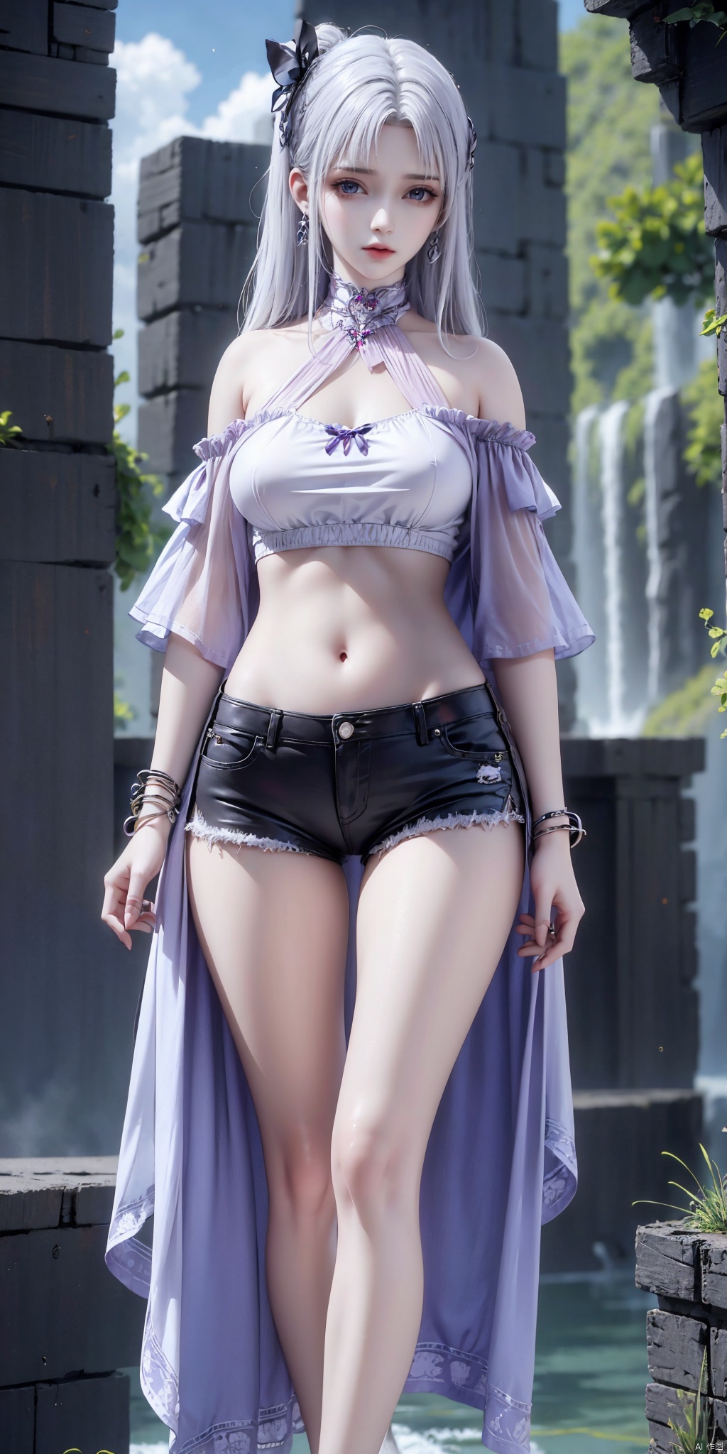  nai3, 1girl, shorts, solo, crop top, black shorts, choker, blue eyes, black hair, navel, shirt, midriff, crop top overhang, looking at viewer, white shirt, jewelry, breasts, cowboy shot, bare shoulders, short shorts, off-shoulder shirt, off shoulder, black choker, thighs, stomach, hand on own thigh, long hair, bracelet, short sleeves, ribbon, hand up, collarbone, hair ribbon, medium breasts, standing, high-waist shorts, dolphin shorts, bra strap, closed mouth, hair ornament, thigh gap, bangs, necklace, expressionless,, , tiandunv,white_hair，（Whole body: 1.5）Shoot from below