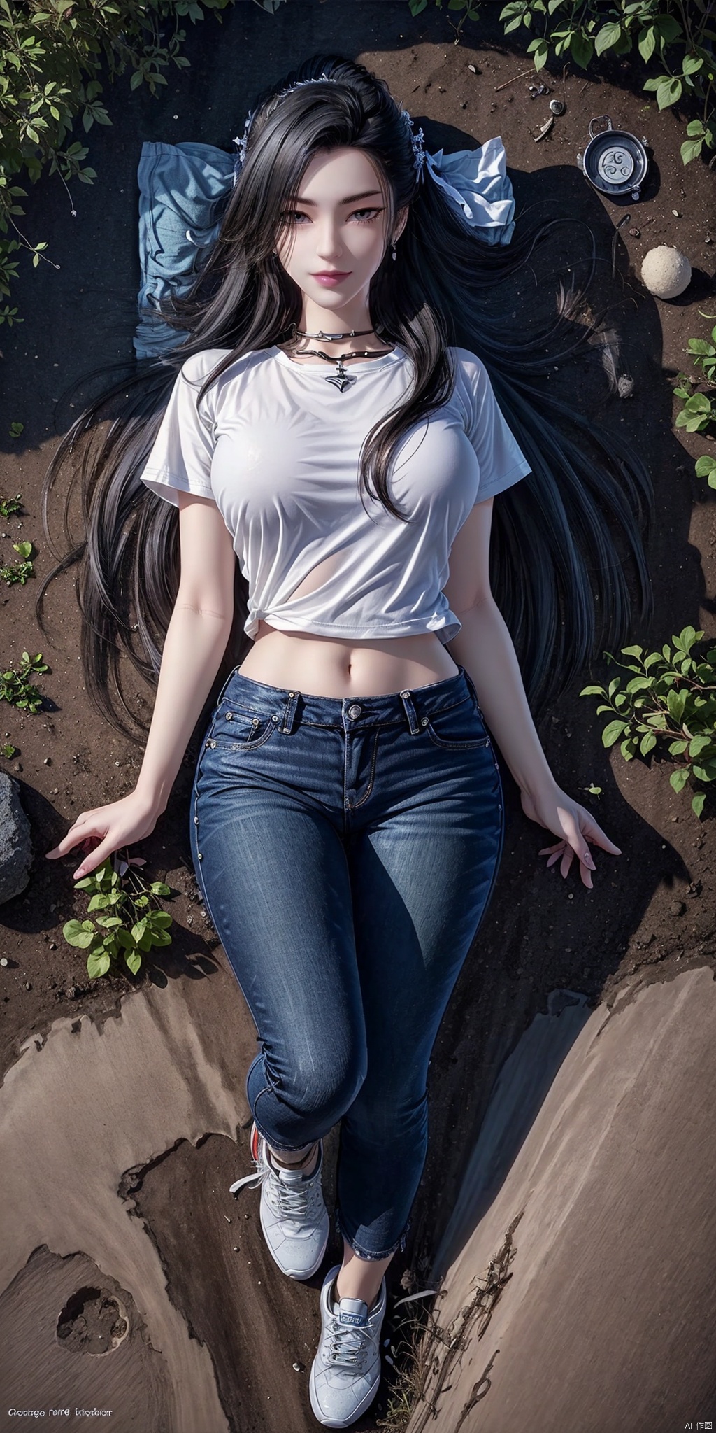 1girl, solo, long hair, black hair, hair accessories, cute T-shirt, jeans, whole body, sports shoes, lying down, (dirt, vegetable garden, pastoral), hand details, (taken from above: 1.2)