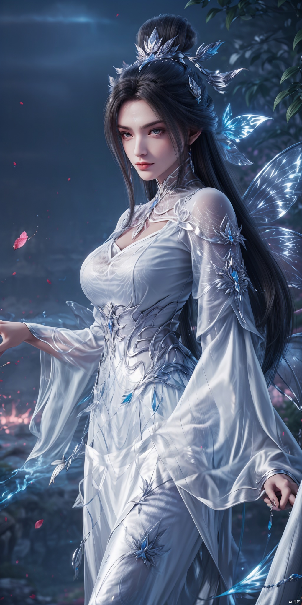  1 girl, single, long hair, hair accessories, jewelry, forehead print, long sleeves, (white woman: 1.3), fairy fluttering, (waist), antique beauty, (whole body: 1.2), standing, shooting from below, (hand details), big breasts.