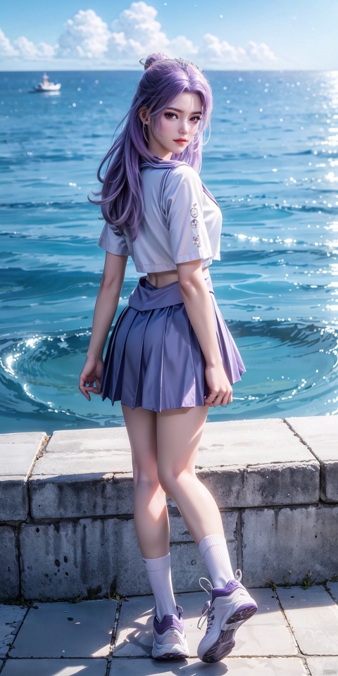  (Hair over the shoulder), a girl, purple hair, hair accessories, (sailor suit: 1.2), pleated skirt, socks, (sports shoes: 1.2), standing, whole body, smooth, textured, white skin, crystal clear, sparkling, ink clouds, water particles, shot from below, (look at the lens), (On the sea)