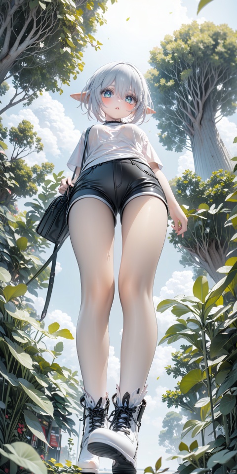  1 girl, short hair, bangs, elf ears, green eyes, standing, tight T-shirt, tight shorts, stockings, shoes, whole body, virgin forest, fallen leaves, shot from below.