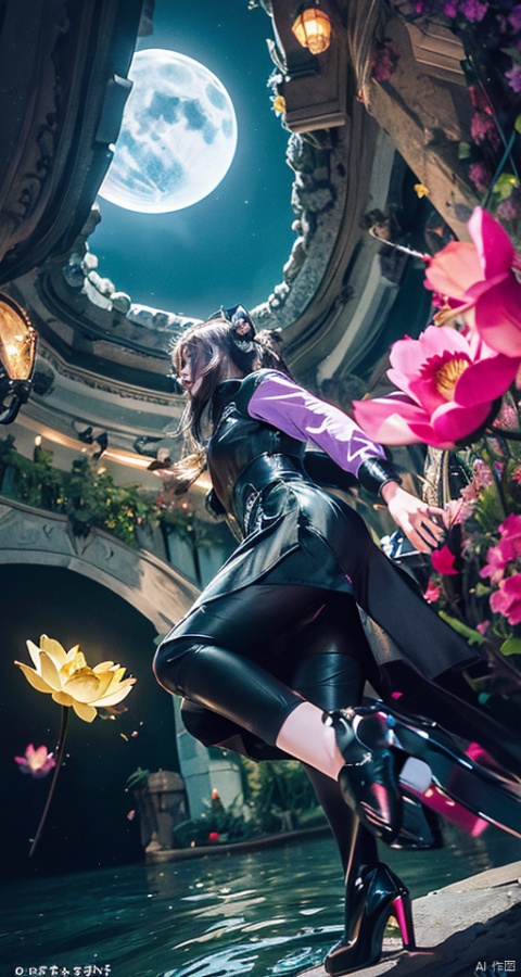  Cat ear, girl, one-on-one hit, long hair, skirt, brown hair, hair decoration, clothes, whole body, flowers, sky, water, high heels, petals, night, moon, purple skirt, lotus flower, shot from below.