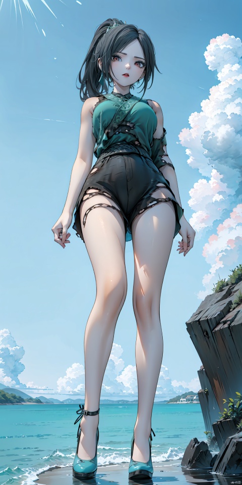 (Torn:1.5),A girl, black hair, (high ponytail hairstyle), royal elder sister, (whole body: 1.5), big breasts, (cyan sleeveless bare-shouldered T-shirt, cyan tight shorts, high heels, black stockings: 1.2), standing, by the sea, shooting from below.