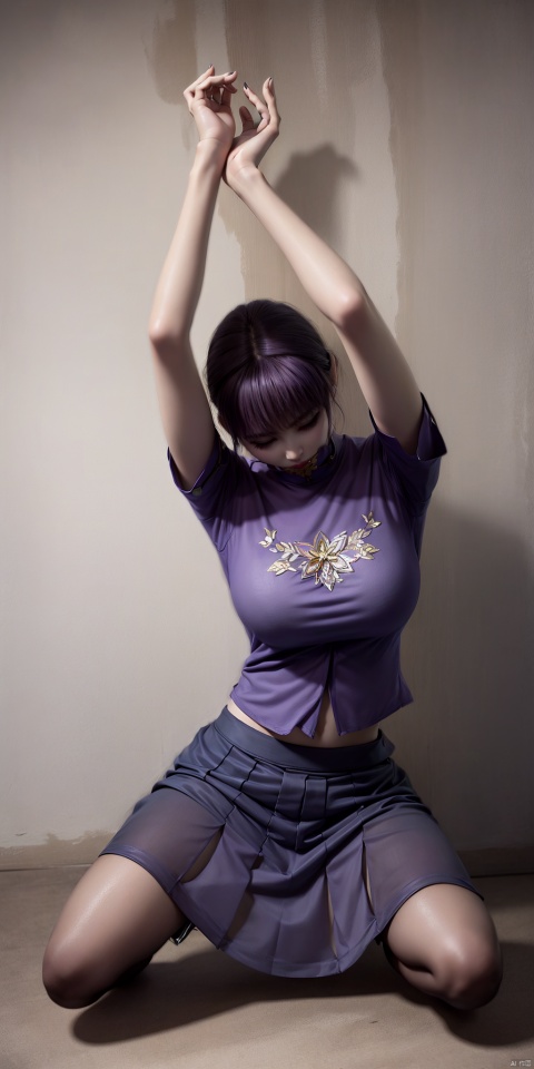 A girl, solo, whole body, (purple hair: 1.2), purple bangs, purple pupils, sleeveless T-shirt, pleated skirt, kneeling, clean, (whole body: 1.2), shot from below.