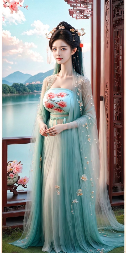 Highest quality, masterpiece, illustration, (reflected light), incredible absurdity, (movie poster), (signature: 1.3), (English text), 1 girl, girl amidst flowers, pure sky, clear sky, outdoors, lakeside, collarbone, standing, absurdly long hair, clear contours, white Hanfu, hair ornament, graceful posture, elegant demeanor, delicate and meticulous, exquisite, refreshing, natural, traditional Chinese culture, dreamlike scenery.