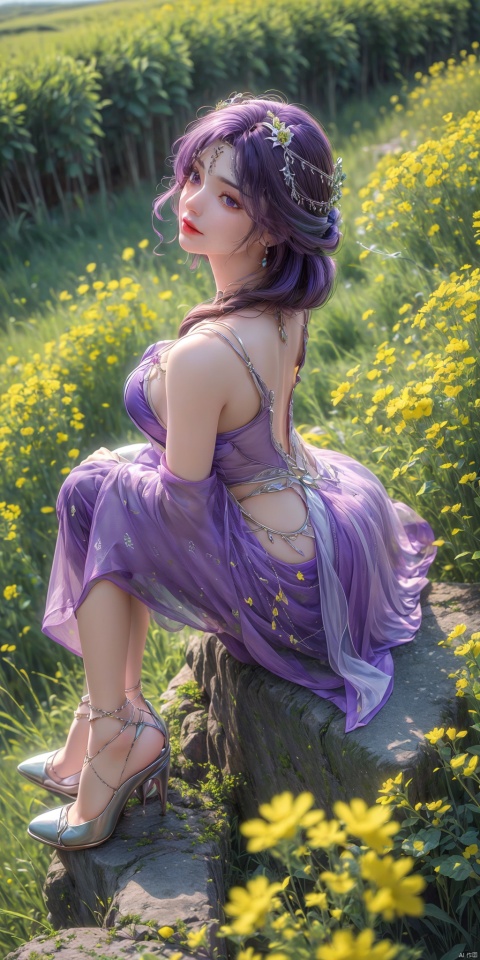 1 girl, purple pupil, purple hair, purple dress, stockings, high heels, sitting, rape flowers, a beautiful woman sitting on the ridge, in the flowers, all over her body, (taken from the top: 1.2)