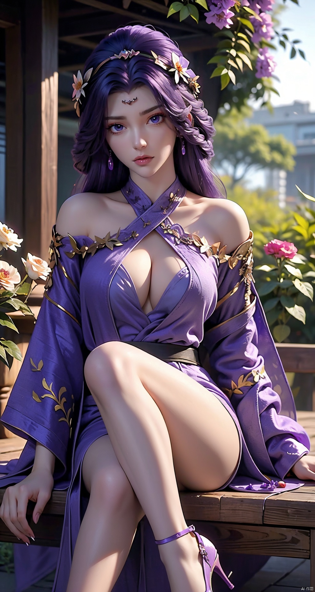 (purple hair: 1.2), 1 girl, (purple robe: 1.2), hair accessories, big breasts, sitting, whole body, plants, flowers, sitting in flowers, high heels, (hand details)