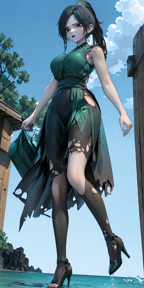 (Torn:1.5),A girl, black hair, (high ponytail hairstyle), royal elder sister, (whole body: 1.5), big breasts, (blue sleeveless bare-shouldered T-shirt, blue long skirt, high heels, black stockings: 1.2), standing, by the sea, shooting from below.