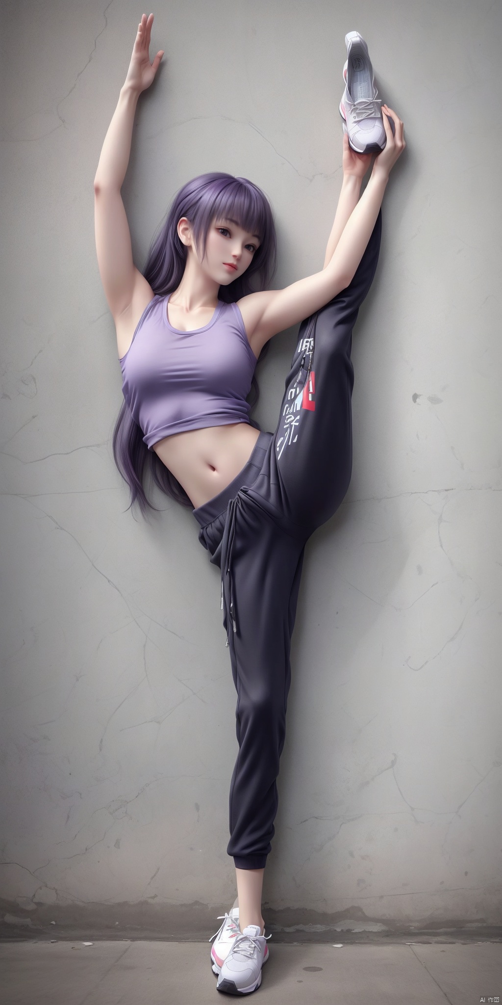 1 girl, (one person: 1.5), (purple hair: 1.2), (bangs: 1.2), (sleeveless top: 1.2), (sweatpants: 1.5), (sports shoes: 1.2), (whole body: 1.2), on the street, (taken from below)